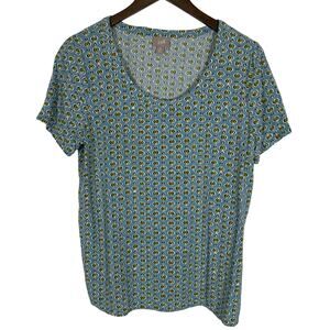 J.Jill‎ Women's Blouse Blue Green Retro Geo Print Short Sleeve Pullover M Petite